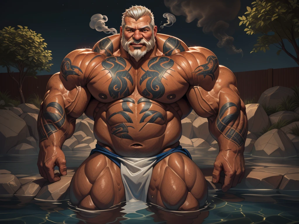 (best quality,4k,8k,highres,masterpiece:1.2),ultra-detailed,(realistic,photorealistic,photo-realistic:1.37),dramatic lighting,chiaroscuro,atmospheric,moody,cinematic. huge muscular old man soaking in an open onsen, white and short hair, white beard, old, old man, grandpa, half submerged, huge scar on chest, , (huge muscular), (YakuzaTattoo:1.2), detailed muscles, 8k, masterpiece:1.2, hyperrealistic, white fundoshi:1.2, highly detailed full body, ((really big muscle, massive muscular, sixpack, thick arms, wide pectoral, super huge muscle, small head, huge shoulder, hyper muscular, submerged, floating steam, over sized muscle, huge arms, big arms, huge pectoral)), rich colors, serene atmosphere, hot spring, landscape, soft ambient lighting, wrinkled skin, happy expression, reflective water, peaceful relaxation