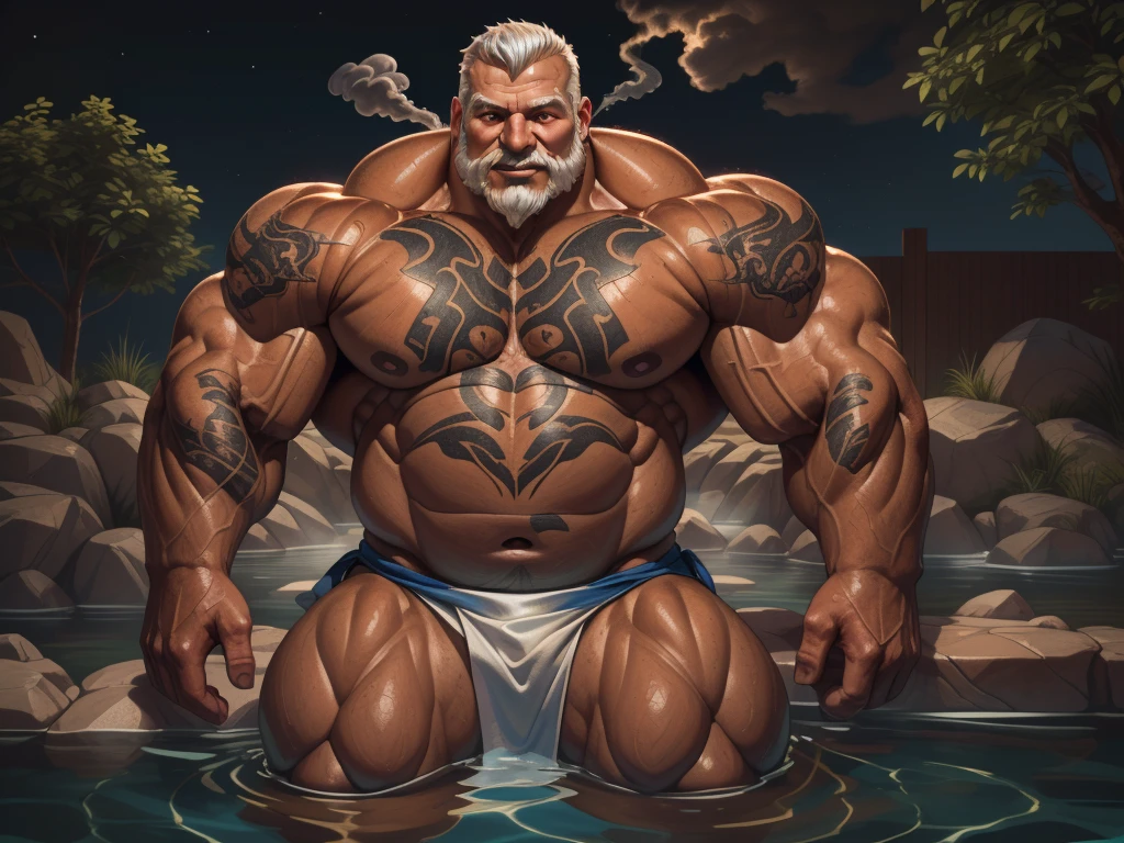 (best quality,4k,8k,highres,masterpiece:1.2),ultra-detailed,(realistic,photorealistic,photo-realistic:1.37),dramatic lighting,chiaroscuro,atmospheric,moody,cinematic. huge muscular old man soaking in an open onsen, white and short hair, white beard, old, old man, grandpa, half submerged, huge scar on chest, , (huge muscular), (YakuzaTattoo:1.2), detailed muscles, 8k, masterpiece:1.2, hyperrealistic, white fundoshi:1.2, highly detailed full body, ((really big muscle, massive muscular, sixpack, thick arms, wide pectoral, super huge muscle, small head, huge shoulder, hyper muscular, submerged, floating steam, over sized muscle, huge arms, big arms, huge pectoral)), rich colors, serene atmosphere, hot spring, landscape, soft ambient lighting, wrinkled skin, happy expression, reflective water, peaceful relaxation