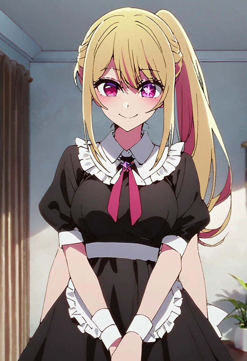 Blonde、Black maid dress、Cowboy Shot、Highest quality、Star-shaped pupil、The best smile、long hair、Pink Eyes、ponytail