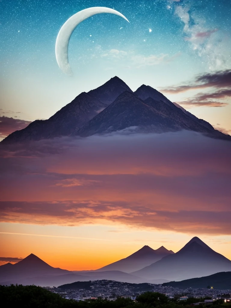 a crescent in the sky with clouds and a mountain in the background, a matte painting by Muggur, flickr, hurufiyya, moonlit night dreamy atmosphere, beautiful moonlight night, moonlit night sky, beautiful moonlight, moonlit backdrop, beautiful moon light, moonlit night, crescent moon in background, moonlit nightscape, night sky with moon