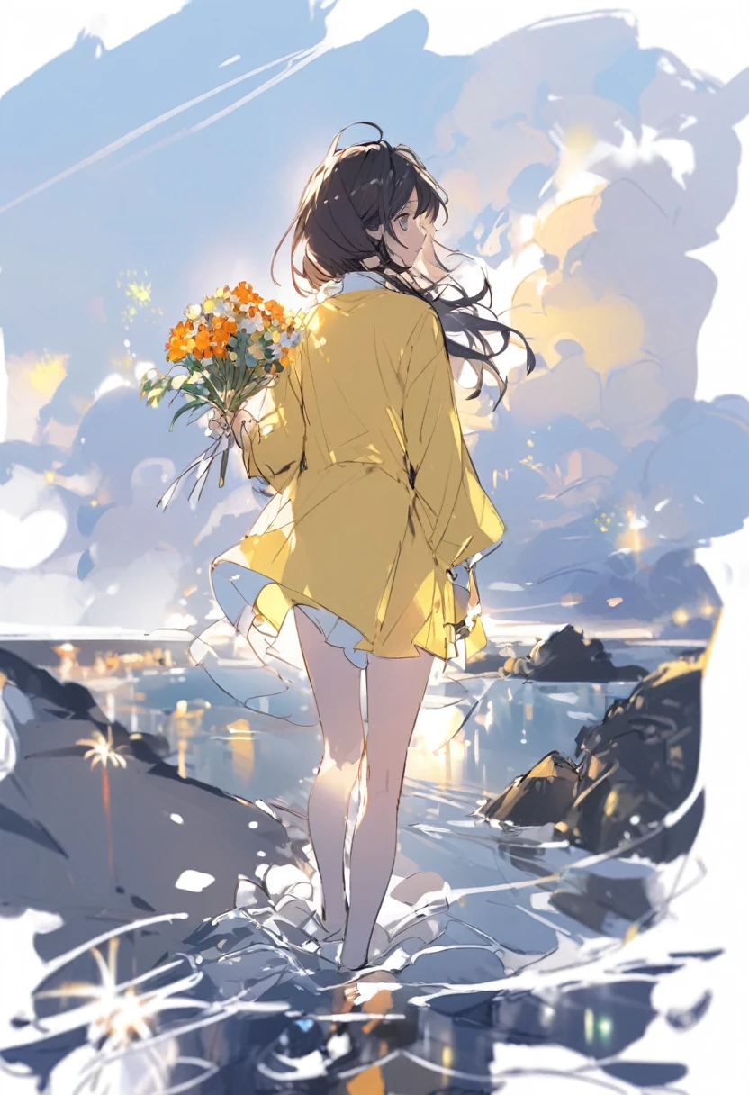 arafed drawing of a girl holding flowers in her hands, Blurry and dreamy painting, Blurry and dreamy painting, with yellow cloths, Standing Girl, with fireworks, color sketch, girl sketch, digital sketch, rough sketch, drawn in photoshop, Prompt young woman, quick sketch, holding flowers, by Kamisaka Sekka, Colorful sketches, young girl, ocean, night view, dark