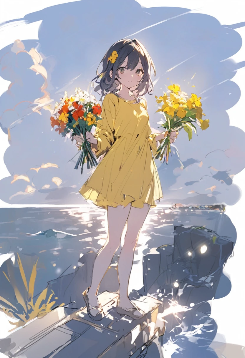 arafed drawing of a girl holding flowers in her hands, Blurry and dreamy painting, Blurry and dreamy painting, with yellow cloths, Standing Girl, with fireworks, color sketch, girl sketch, digital sketch, rough sketch, drawn in photoshop, Prompt young woman, quick sketch, holding flowers, by Kamisaka Sekka, Colorful sketches, young girl, ocean, night view, dark