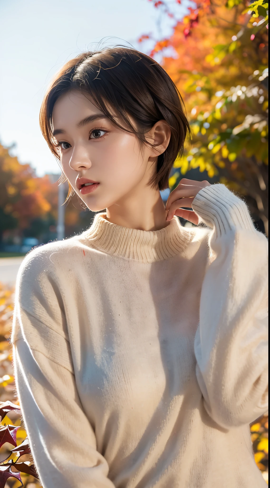 20-year-old girl,Sweaters, short hair, (upper part of body:1.2), Autumn leaves, Outdoor sports, volumettic light, Cinematic, golden age, natural lightting, realistically, natural lightting, professional DSLR camera,