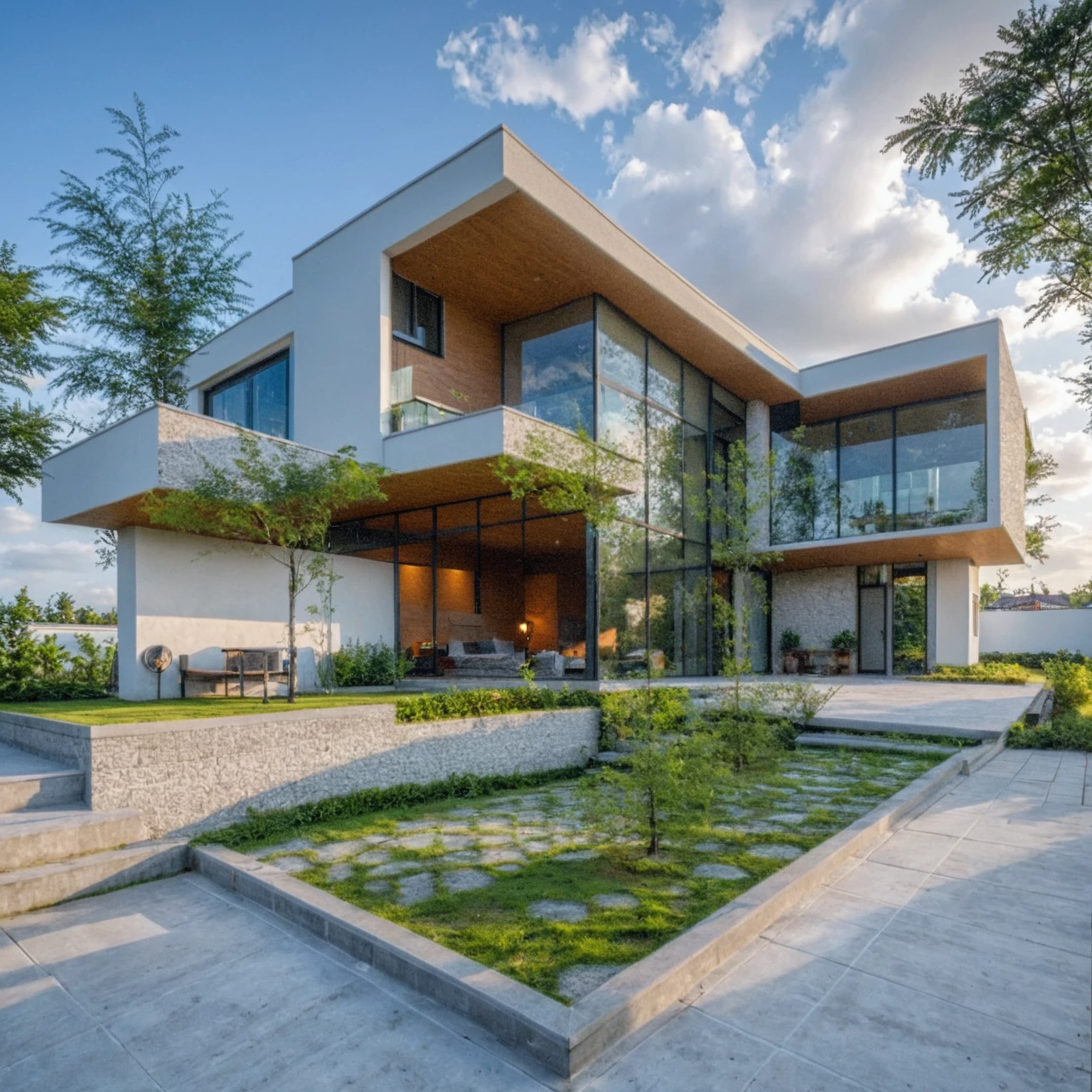 Masterpiece, 4k pixel, high quality, best quality, authentic, super detail, outdoors, onestoreyvillaXL, aiaigroup, house style modern on the street ,stairs, white wall ,road,pavement, grass, trees, sky, cloud, (daylight:1.1)