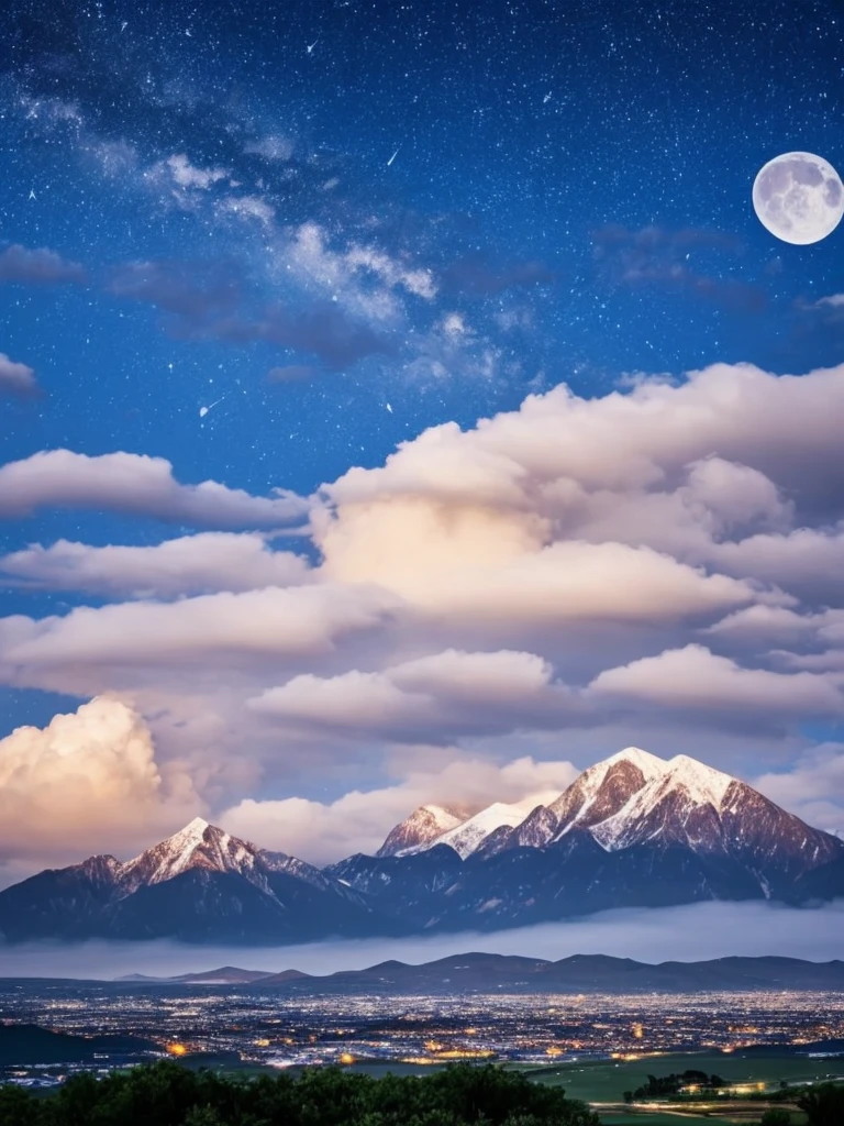 a crescent in the sky with clouds and a mountain in the background, moonlit night dreamy atmosphere, beautiful moonlight night, moonlit night sky, beautiful moonlight, moonlit backdrop, beautiful moon light, moonlit night, crescent moon in background, moonlit nightscape, night sky with moon, nighttime moonlit, moonlit sky, ✨🕌🌙