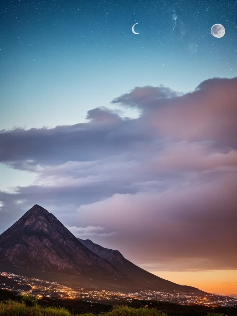 a crescent in the sky with clouds and a mountain in the background, moonlit night dreamy atmosphere, beautiful moonlight night, moonlit night sky, beautiful moonlight, moonlit backdrop, beautiful moon light, moonlit night, crescent moon in background, moonlit nightscape, night sky with moon, nighttime moonlit, moonlit sky, ✨🕌🌙