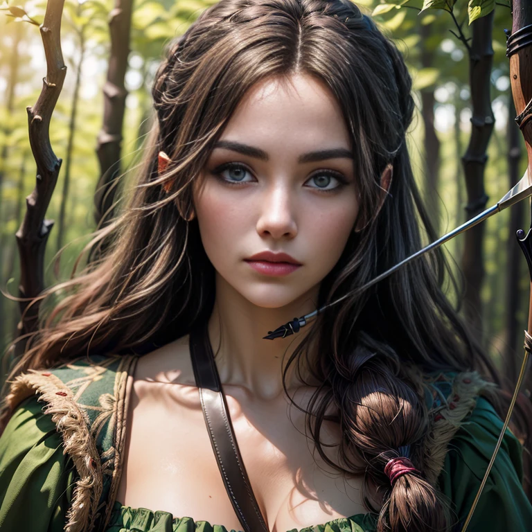 Female Robin hood with a cross bow, shooting an arrow in the forest. Female archer. The scenes are magnificent and surreal. (best qualityer, 4K, 8K, high resolution, master part:1.2), ultra detali, (realisitic, photorrealistic, realisitic:1.37), Portrait of a, vivid colors, studio lit, sharp focus, physics based rendering, extreme detail description, Bible Topics, Great atmosphere, radiant light.