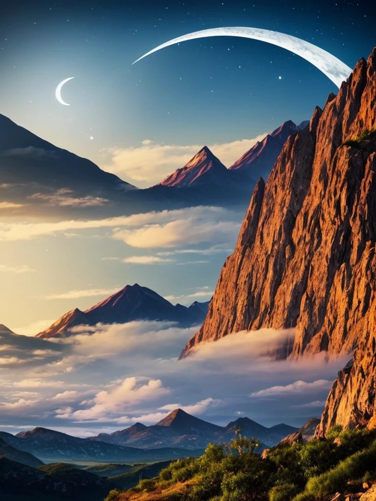 a crescent in the sky with clouds and a mountain in the background, a matte painting by Muggur, flickr, hurufiyya, moonlit night dreamy atmosphere, beautiful moonlight night, moonlit night sky, beautiful moonlight, moonlit backdrop, beautiful moon light, moonlit night, crescent moon in background, moonlit nightscape, night sky with moon