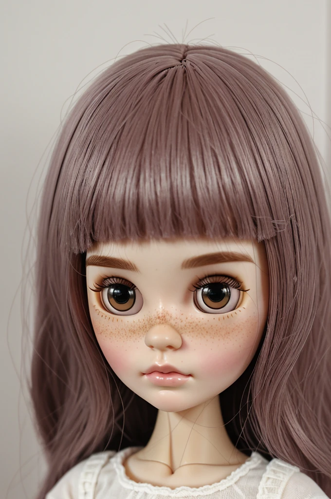 Blythe doll doll, short black hair with bangs, sparse eyebrows, black, white eyes with pink tones and few freckles on the nose, lips not very small or too big
