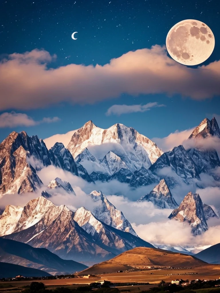 a crescent in the sky with clouds and a mountain in the background, moonlit night dreamy atmosphere, beautiful moonlight night, moonlit night sky, beautiful moonlight, moonlit backdrop, beautiful moon light, moonlit night, crescent moon in background, moonlit nightscape, night sky with moon, nighttime moonlit, moonlit sky, ✨🕌🌙