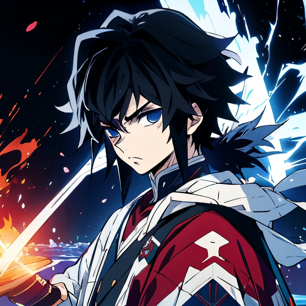 Masterpiece、Yoshiyu Tomioka、Tomioka、Blue Eyes、Black Hair、Serious face、Japanese sword、Water Background、Upper Body