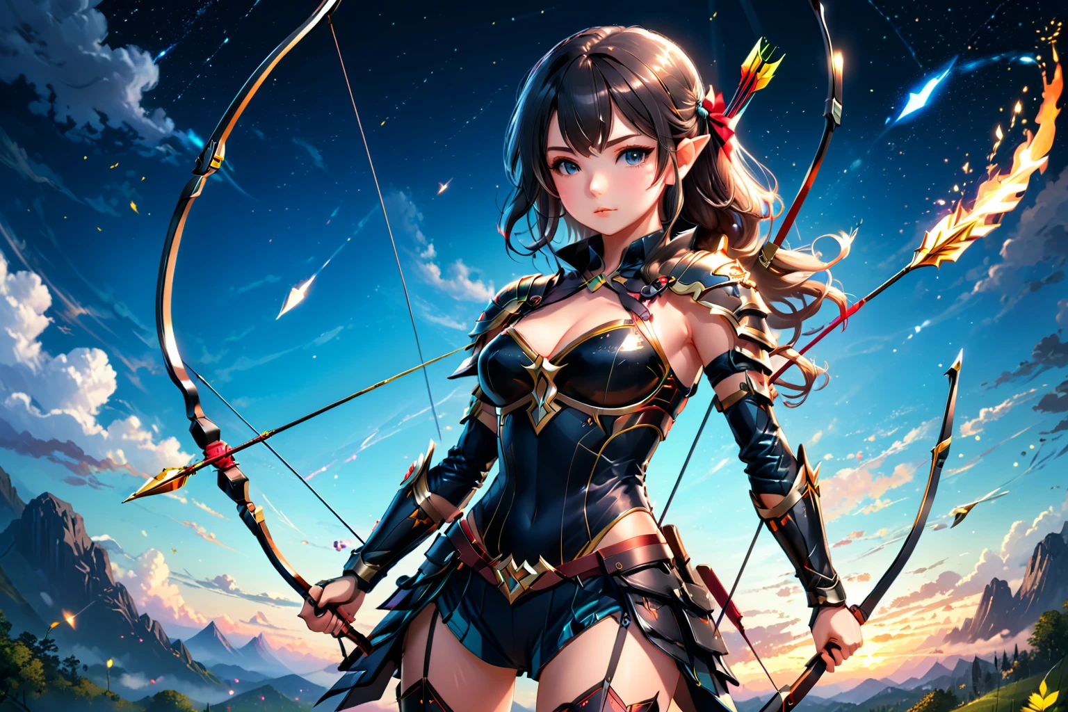 (anime character holding a sci-fi bow and pulling the magic arrow floating in the sky), 2.5d cgi anime fantasy artwork, extremely detailed art, detailed digital fantasy art, portrait archers of zodiac girl, 8k high quality detailed digital art, ((full body)), floating in the air, the legs are seen wearing full black armor, dark background with neon lights, this beautiful girl is a professional archer.