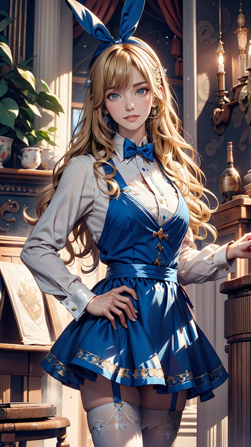 Alice in Wonderland、Wear a blue apron dress、Blonde、long hair、Hair becomes wavy、Put a big ribbon on your head、Chasing a tuxedo-wearing rabbit on two legs
