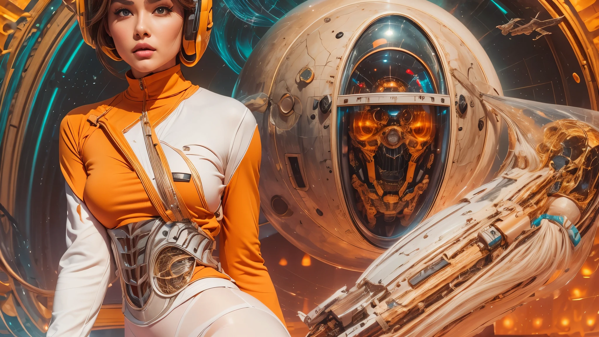 arafed image of a white woman in a futuristic suit with a spaceship in the background, movie art, in front of an orange background, inspired by Robert McGinnis, female protagonist, megastructure in the background, portrait of an ai astronaut, astronauts, an astronaut, portrait of a astronaut skeletor, perfect android girl, detailed eyes, perfectly detailed teeth, frank franzzeta and sakimichan  