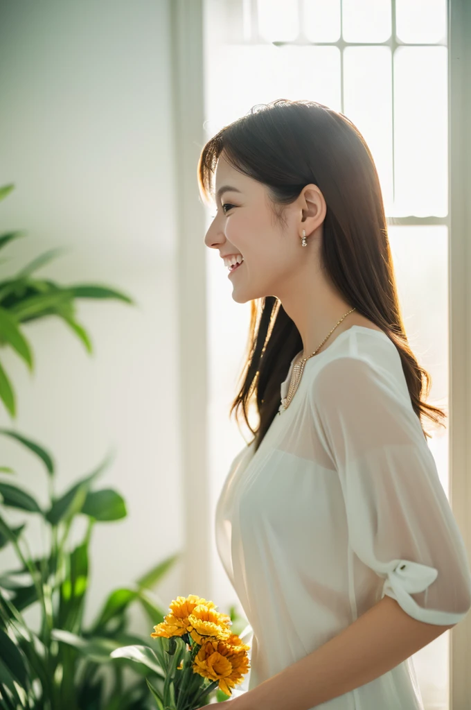 Early morning light、(8K、RAW Photos、Highest quality、masterpiece:1.2)、High-quality RAW color photos、Professional photos、(Realistic、photo Realistic:1.37)、Cinematic Light、人1 female、Laughter、(Holding a bouquet)、smile、Taken in a room with white walls and windows、((Blur the background))、Various poses、White blouse、Simple Necklace、(Beautiful profile:1.3)、Don'Don't look at the camera、profile、Short Bob、Shortcuts、Realistic、From the side、 Upper Body、From the side、I was disappointed、Photographed in natural light、profile、Side view、1 female、A photo showing the Upper Body、Wide-angle