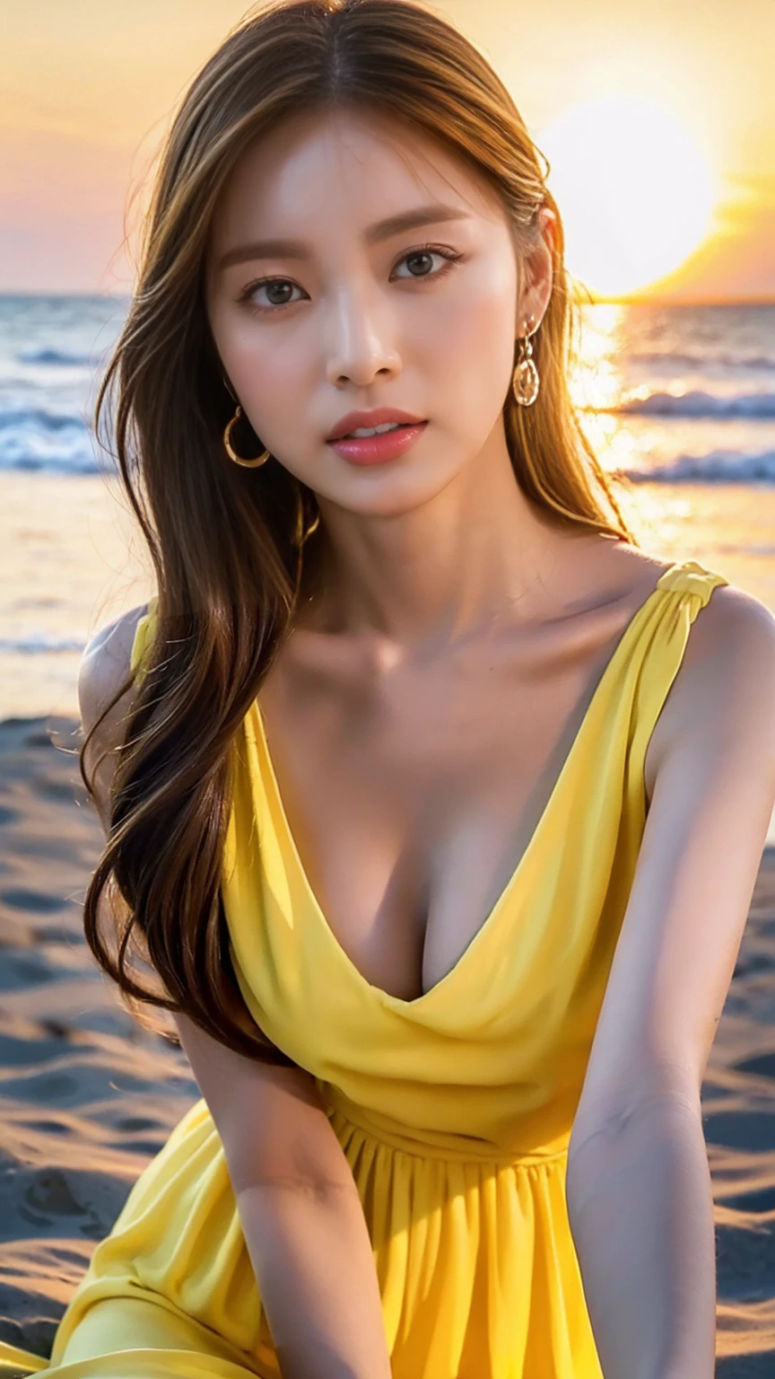(Highest quality,4K,8K,High resolution,masterpiece:1.2),(Very detailed,Realistic,photoRealistic:1.37, Half Body Portrait, Beautiful attention to detail, Beautiful lip detail, Very detailed顔, Long eyelashes, Intimate View, Classical Oil Painting, Soft lighting, Vibrant colors, Warm tones, Sensual atmosphere), (Half Body Portrait), (timid look), (Perfect skin texture), (Random hairstyle), (Elegant pose), (afternoon), (Random hair color), (Yellow summer dress), (At the Beach), (sunset).