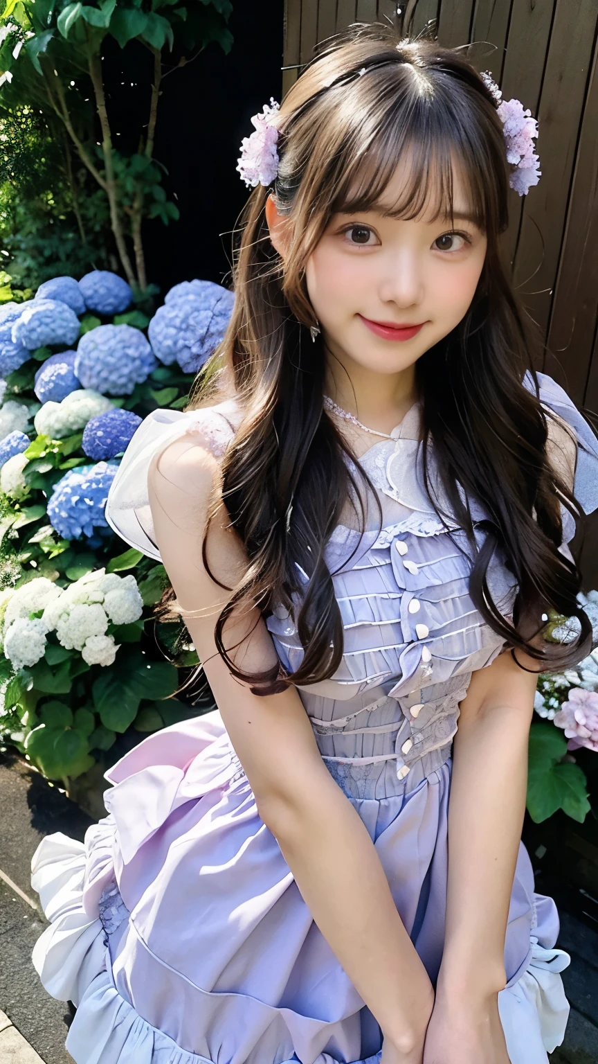 close up face, pastel color, (adolescence girl), (loli, petite), smile, frilly sleeves, Hydrangea motif Frilly Dress. In the season of hydrangeas, a girl is dressed in a frilly dress with a hydrangea motif. Her dress reflects the beautiful colors of hydrangeas, with a stunning gradient from deep purple to light pink. The frills of the dress remind us of each petal of the hydrangea swaying individually. As she walks, the dress sways elegantly, as if the hydrangeas are swaying in the wind. This scene radiates a beauty akin to a painting.