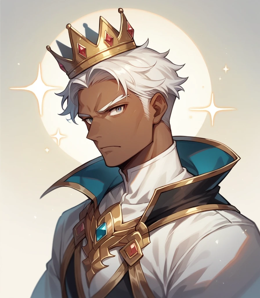 A man with a short, white head, wearing a crown on his head, his eyes are dark and his skin is light, he wears black European royalty style clothes, with a serene expression, a serious pose.