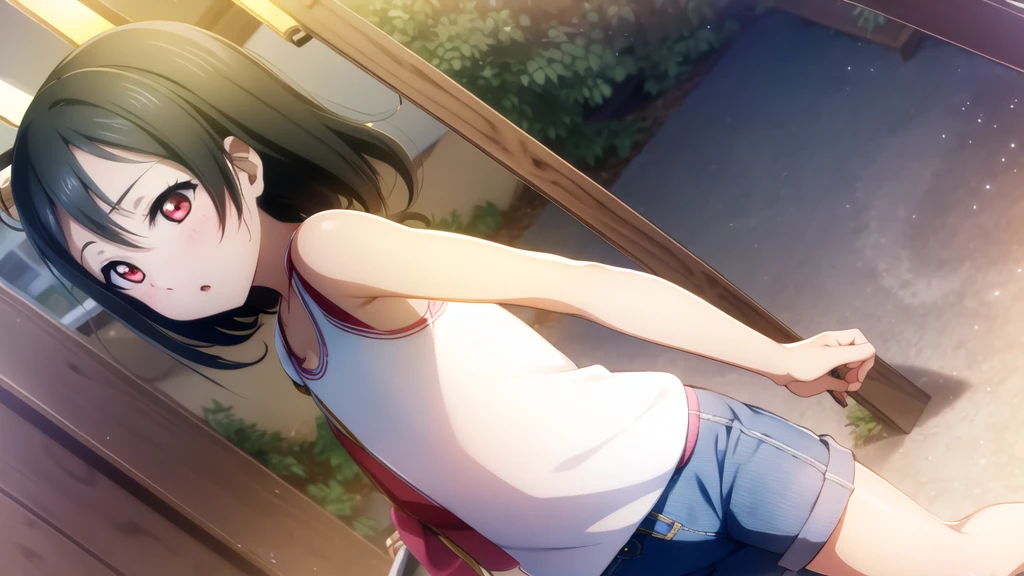 Yazawa nico, Twin tails,Red eyes,((Mid-chest, Tomboy, Small Head)), Dawn, sunlight, (Trained abdominal muscles : 1.1), (Perfect body : 1.1), (Short Wavy Hair : 1.2) , Auburn Hair, collar, Lock, Full Body Shot, Crowded street, Wearing a black tank top, Jeans jacket, ((Shorts)), (Highly detailed CG 8K wallpaper), (Very delicate and beautiful), (masterpiece), (Highest quality:1.0), (ultra High resolution:1.0),  Beautiful lighting ,Perfect Lightning, Realistic Shadows, [High resolution], Detailed skin, Super detailed