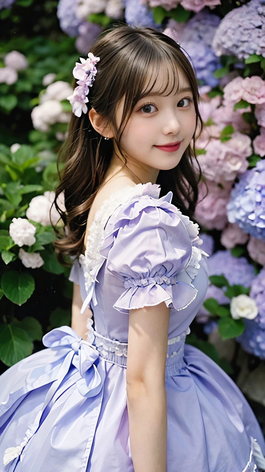 close up face, pastel color, (adolescence girl), (, petite), smile, frilly sleeves, Hydrangea motif Frilly Dress. In the season of hydrangeas, a girl is dressed in a frilly dress with a hydrangea motif. Her dress reflects the beautiful colors of hydrangeas, with a stunning gradient from deep purple to light pink. The frills of the dress remind us of each petal of the hydrangea swaying individually. As she walks, the dress sways elegantly, as if the hydrangeas are swaying in the wind. This scene radiates a beauty akin to a painting.