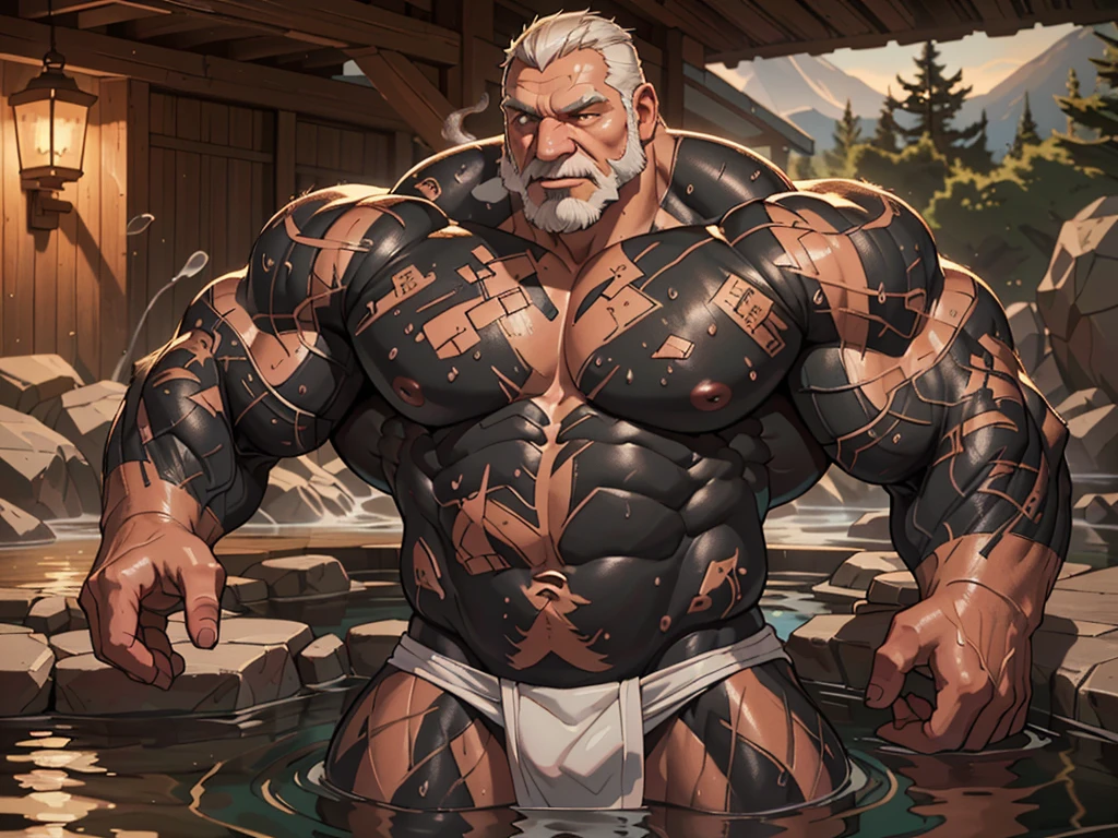 (best quality,4k,8k,highres,masterpiece:1.2),ultra-detailed,(realistic,photorealistic,photo-realistic:1.37),dramatic lighting,chiaroscuro,atmospheric,moody,cinematic. huge muscular old man soaking in an open onsen, white and short hair, white beard, old, old man, grandpa, half submerged, huge scar on chest, , (huge muscular), (YakuzaTattoo:1.2), detailed muscles, 8k, masterpiece:1.2, hyperrealistic, white fundoshi:1.2, highly detailed full body, ((really big muscle, massive muscular, sixpack, thick arms, wide pectoral, super huge muscle, small head, huge shoulder, hyper muscular, submerged, floating steam, over sized muscle, huge arms, big arms, huge pectoral)), rich colors, serene atmosphere, hot spring, landscape, soft ambient lighting, wrinkled skin, happy expression, reflective water, peaceful relaxation