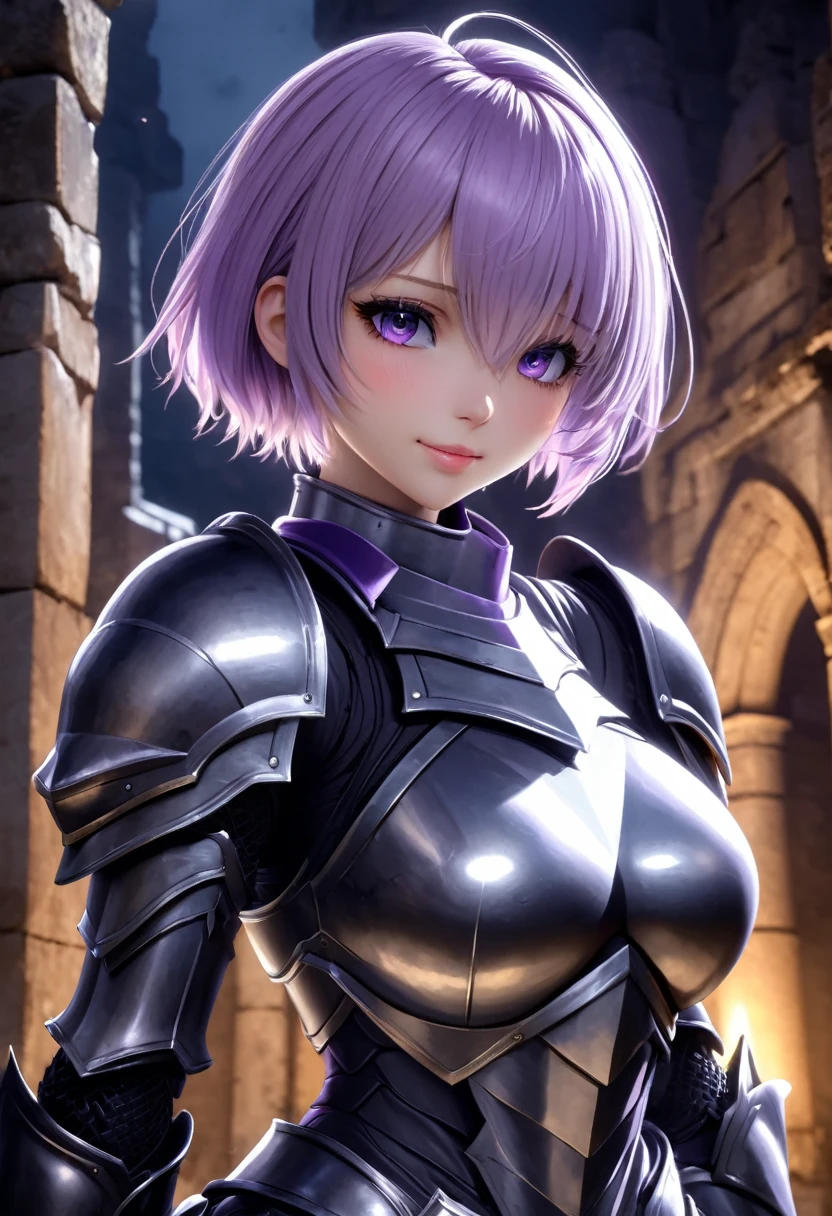 (masterpiece, top quality, best quality, beautiful and aesthetic:1.2), full body, SFW, extremely detailed, detailed face and eyes, cinematic light, depth of field, 1girl, seducing smile, solo, official, (full armored knight:1.4), dark armor, mash kyrielight, light purple hair, short hair, hair over one eye, slim body, cinematic lighting, dramatic lighting, dramatic atmosphere, hyper-realistic, high resolution, stunning contrast, high quality, best quality, 8k, 4k, intricately detailed, (amazing details:1.2), highly detailed skin, powerful presence, vibrant colors, (detailed eyes:1.2), striking eyes, (detailed background), (warzone on background, night, ruins), (dynamic angle:1.2), (dynamic pose:1.2)