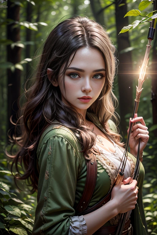 Female Robin hood with a cross bow, shooting an arrow in the forest. Female archer. The scenes are magnificent and surreal. (best qualityer, 4K, 8K, high resolution, master part:1.2), ultra detali, (realisitic, photorrealistic, realisitic:1.37), Portrait of a, vivid colors, studio lit, sharp focus, physics based rendering, extreme detail description, Bible Topics, Great atmosphere, radiant light.