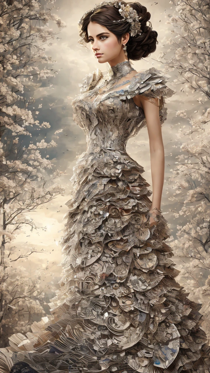A majestic, royal sister standing tall, her layered dress flowing, hands crossed at her waist as she faces the audience with an angry expression, a masterpiece of CG drawing with super high detail, panoramic in scope, a collage of cut and paste paper art, newspaper bleed through, and an anatomical sketch of a human heart with delicate floral accents.