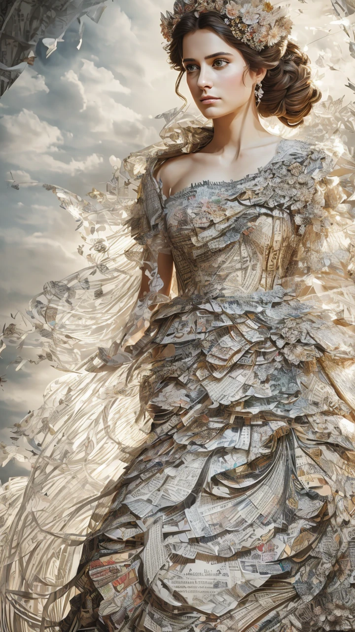 A majestic, royal sister standing tall, her layered dress flowing, hands crossed at her waist as she faces the audience with an angry expression, a masterpiece of CG drawing with super high detail, panoramic in scope, a collage of cut and paste paper art, newspaper bleed through, and an anatomical sketch of a human heart with delicate floral accents.
