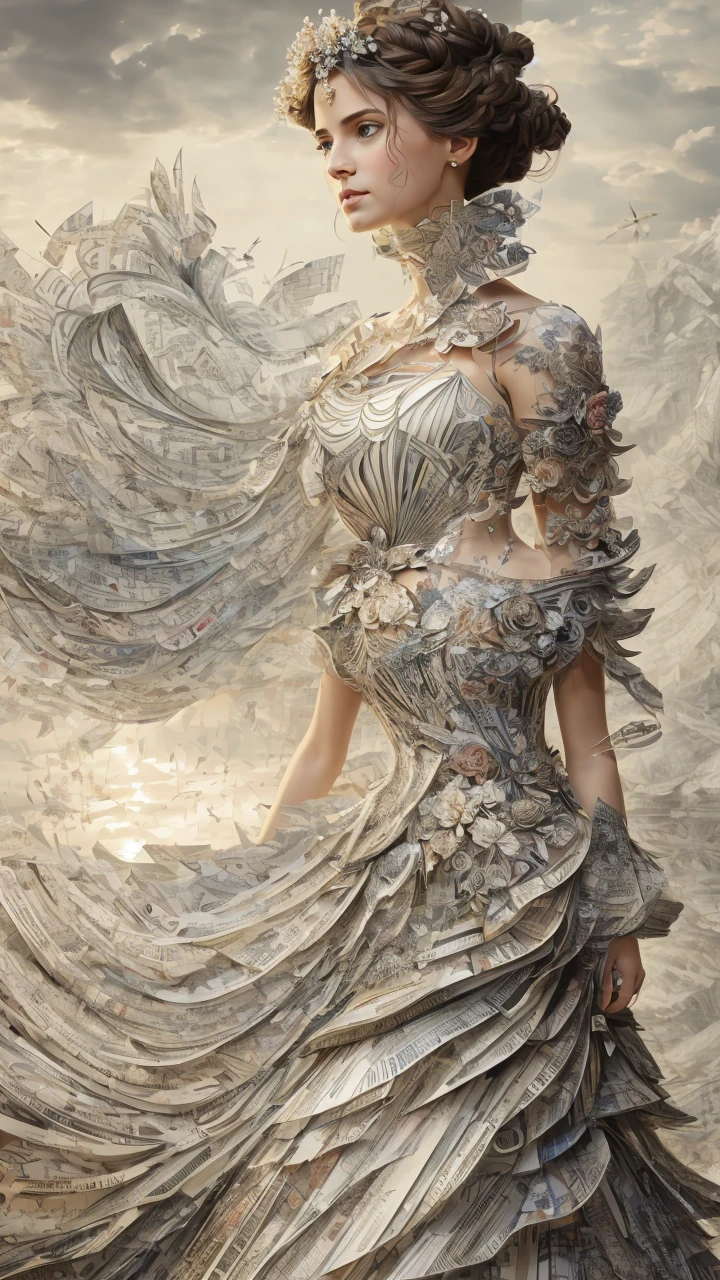 A majestic, royal sister standing tall, her layered dress flowing, hands crossed at her waist as she faces the audience with an angry expression, a masterpiece of CG drawing with super high detail, panoramic in scope, a collage of cut and paste paper art, newspaper bleed through, and an anatomical sketch of a human heart with delicate floral accents.