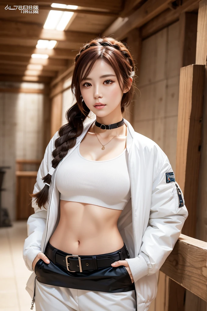One gorgeous girl, Portrait of a beautiful donkey pex, Athletic ability, White jacket, skirt, pants, Black Hair, Redhead, Braid, compensate, choker, Small hips, Volumetric lighting, Highest quality, masterpiece, Intricate details, Tone Mapping, Sharp focus, Super detailed, Trending on Art Station, Realistic