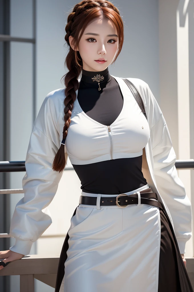 One gorgeous girl, Portrait of a beautiful donkey pex, Athletic ability, White jacket, skirt, pants, Black Hair, Redhead, Braid, compensate, choker, Small hips, Volumetric lighting, Highest quality, masterpiece, Intricate details, Tone Mapping, Sharp focus, Super detailed, Trending on Art Station, Realistic