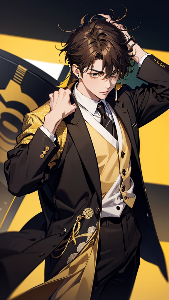 Man, Japanese, university student, brown hair, mashed hair, yellow and black gradient suit, silver wristwatch, black ring earrings