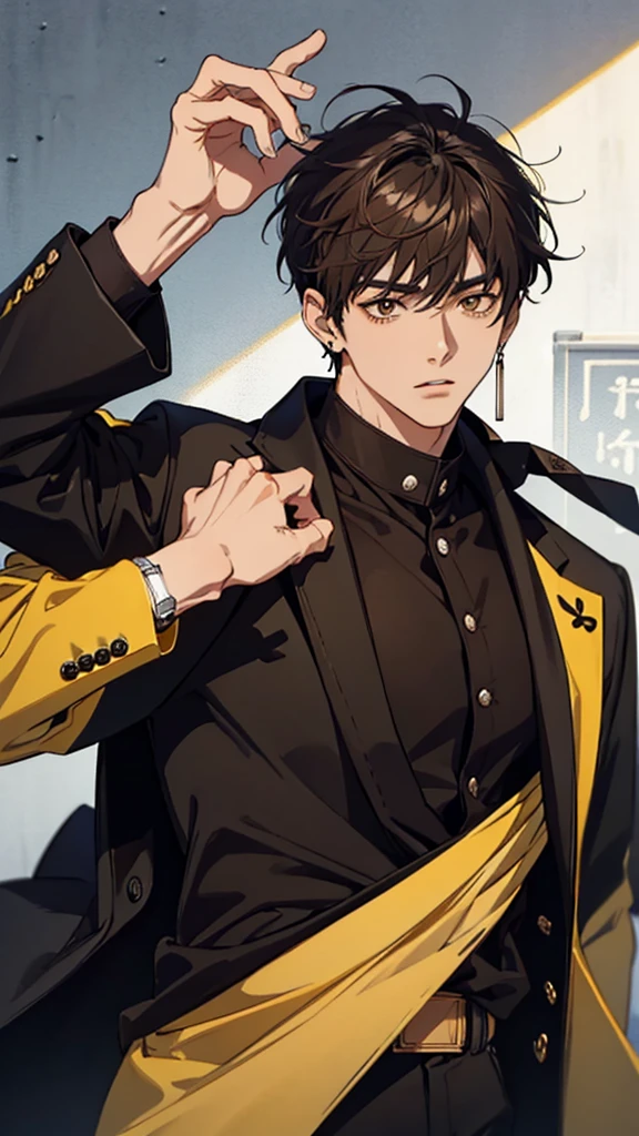 Man, Japanese, university student, brown hair, mashed hair, yellow and black gradient suit, silver wristwatch, black ring earrings