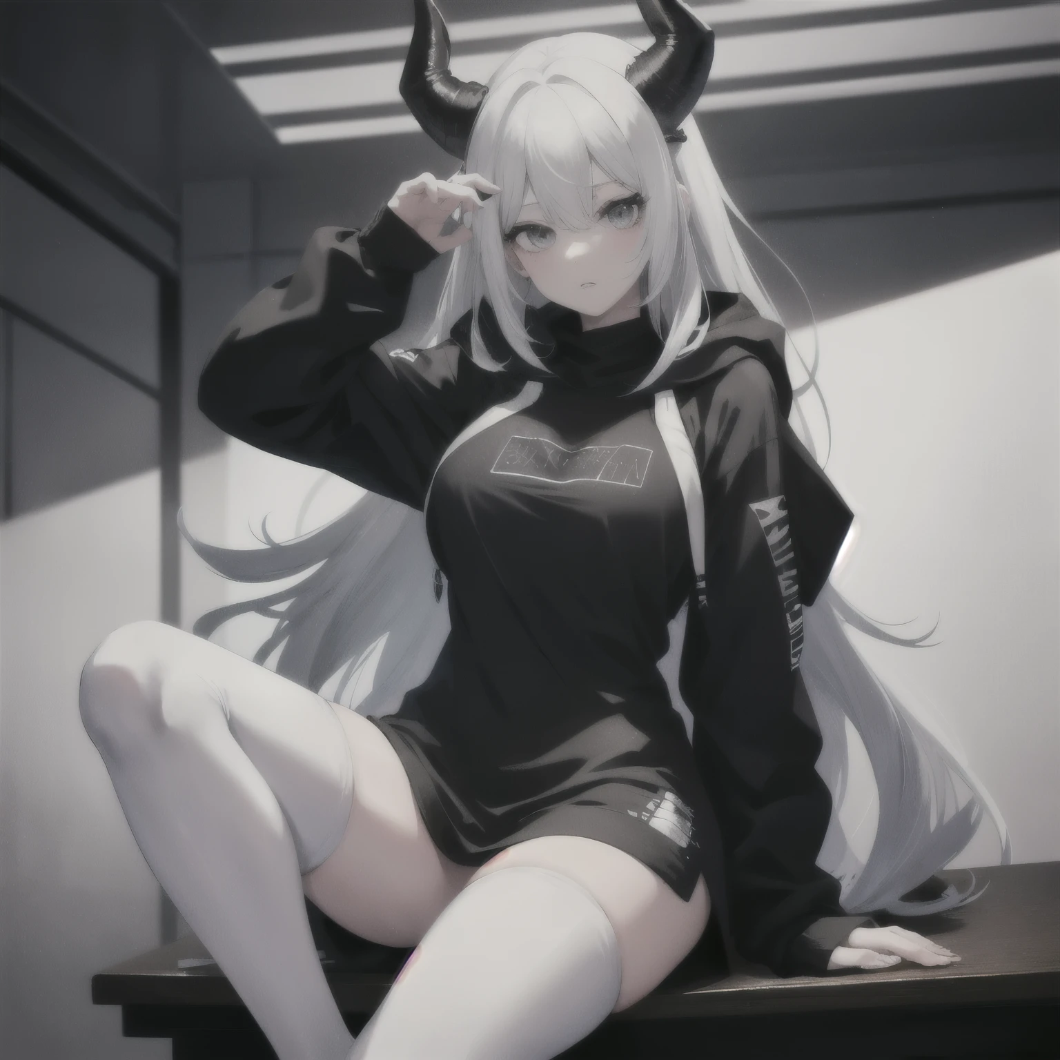 1 tall woman with black horns. White hair. Gray eyes. Wearing a hoodie with black thigh-highs. Tall. Sitting at a desk. ((Best quality)) ((high definition))