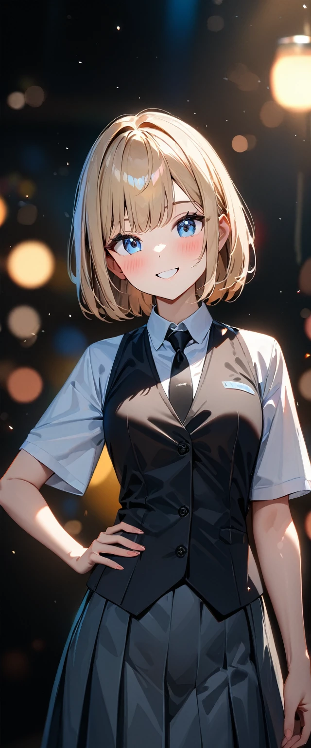 (((One girl))), blond hair, bob cut, (cowboy shot), (looking at viewer), face in focus, ager, head tilt:1.3, (((blue eye))), ((happy smile)), ((blush)), contrapposto, one hand on hip, school summer uniform, white shirts, ((black tie under the waistcoat)), skirt, black waistcoat, anime style, (best quality, 4k, 8k, highres, masterpiece:1.2, ultra-detailed, ultra-detailed eyes, HDR, UHD, studio lighting, ultra-fine painting, sharp focus, physically-based rendering, extreme detail description, professional, vivid colors, bokeh)