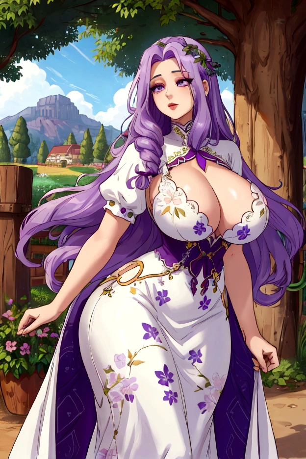 A woman with very long straight light purple hair, light purple slanted eyes, White skin, Big breasts, thin waist, big hips, under a tree, vintage floral dress, stardew valley style