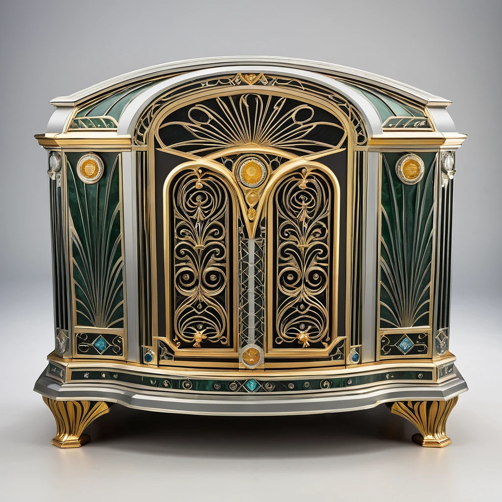 Large PLexx media server organized and neatly designed. Ornate micro detailed in Art Deco style using gold and silver.