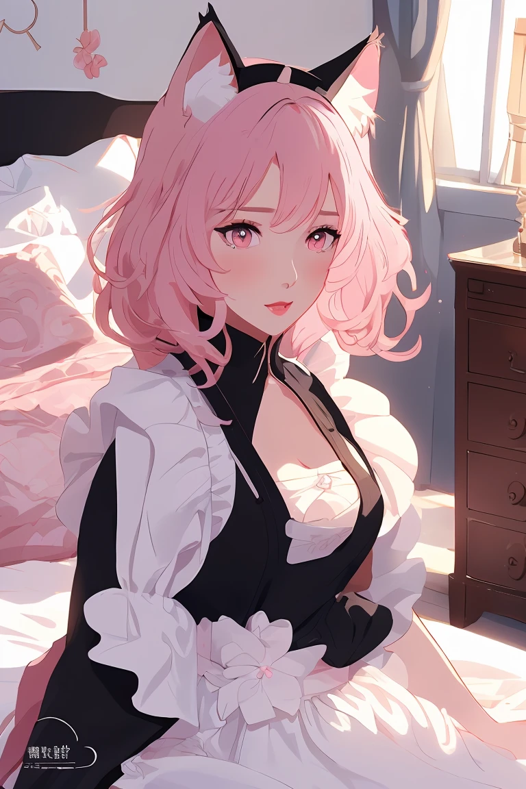 score_9,score_8_up,score_7_up,masterpiece, top quality, best quality, official art, beautiful and aesthetic, animation, , 1girl with cat ear, perfect figure, pink hair, complicated details, bedroom, summer afternoon, change clothes, (black maid's outfit:1.5), excited cat woman, circle display ,