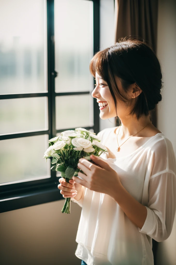 Early morning light、(8K、RAW Photos、Highest quality、masterpiece:1.2)、High-quality RAW color photos、Professional photos、(Realistic、photo Realistic:1.37)、Cinematic Light、日本人1 female、Laughter、(Holding a bouquet)、smile、Taken in a room with white walls and windows、((Blur the background))、Various poses、White blouse、Simple Necklace、(Beautiful profile:1.3)、Don'Don't look at the camera、profile、Short Bob、Shortcuts、Realistic、From the side、 Upper Body、From the side、I was disappointed、Photographed in natural light、profile、Side view、1 female、A photo showing the Upper Body、Wide-angle