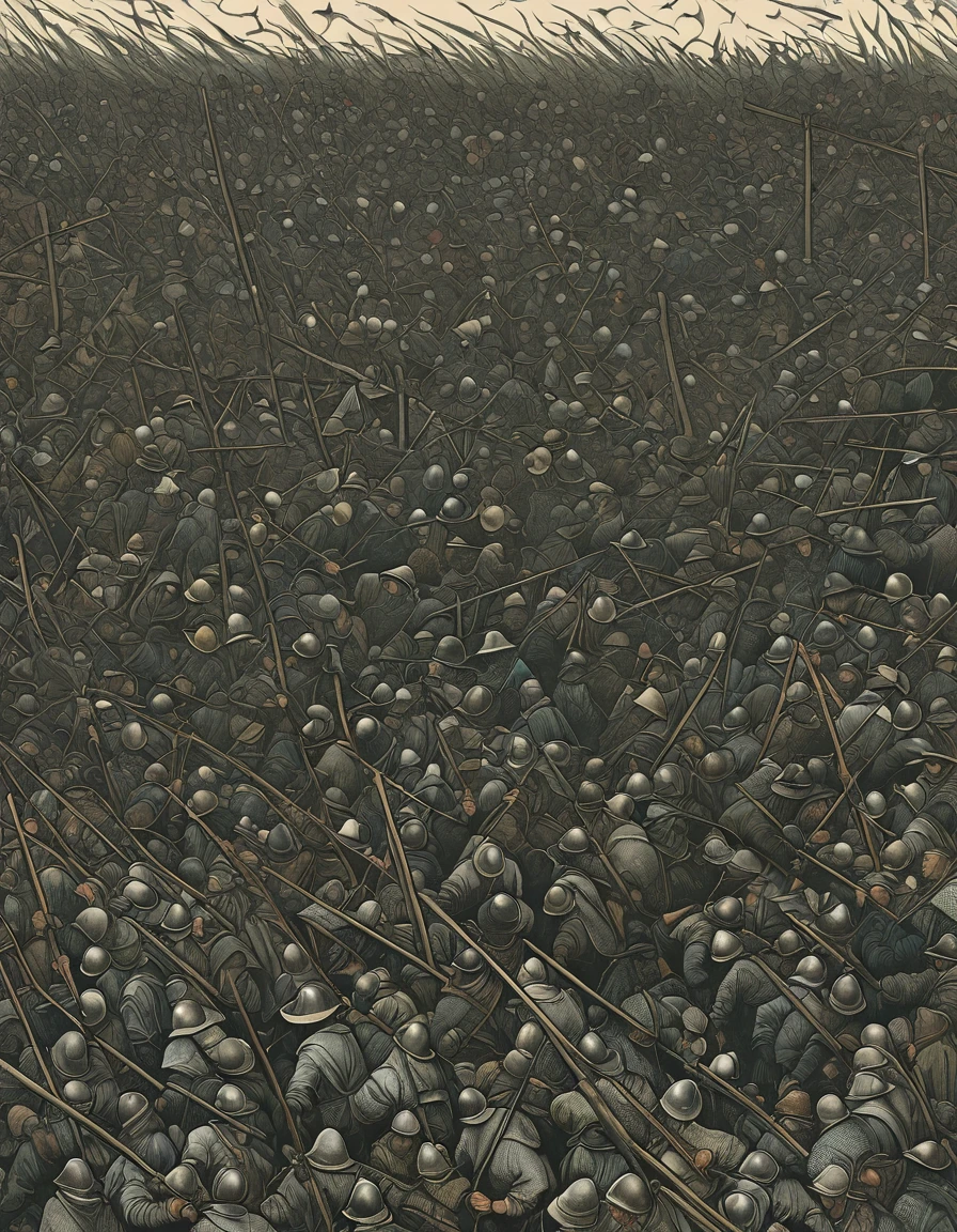 illust、art、horror、directed by Pieter Bruegel、high detail, realsitic shadow、Analog style, chromatic aberration, surrealism