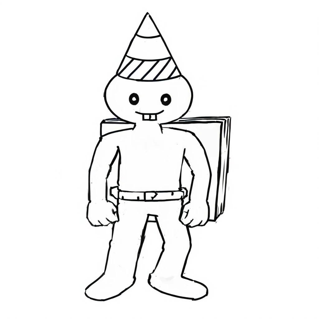 A man wearing a birthday hat、Cartoon of a man holding a book, Character with hat, he is holding a large book, Coloring book outline, The character stands, Stick Figure, Clean coloring book page, Inspired by Harry Beckhoff, Full body mascot, Character design human figure, line art behance hd, Cereal Mascot, Characters based on Haggis，Wearing blue and red tights Superman costume，There is a Kamen Rider transformation belt on the waist，Wearing a metal drill，Carrying a big magic book
