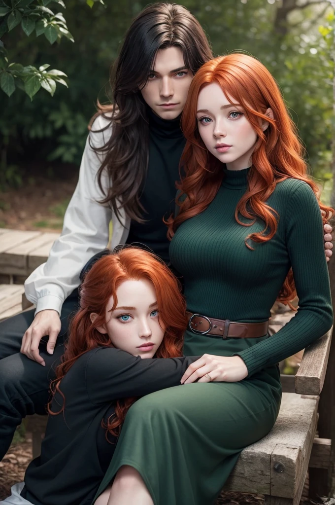 Make a wavy redhead female RPG character,with dark green eyes. The character is sitting on the lap of a male RPG character who has black hair, blue colored eyes. They are both wearing black clothes
