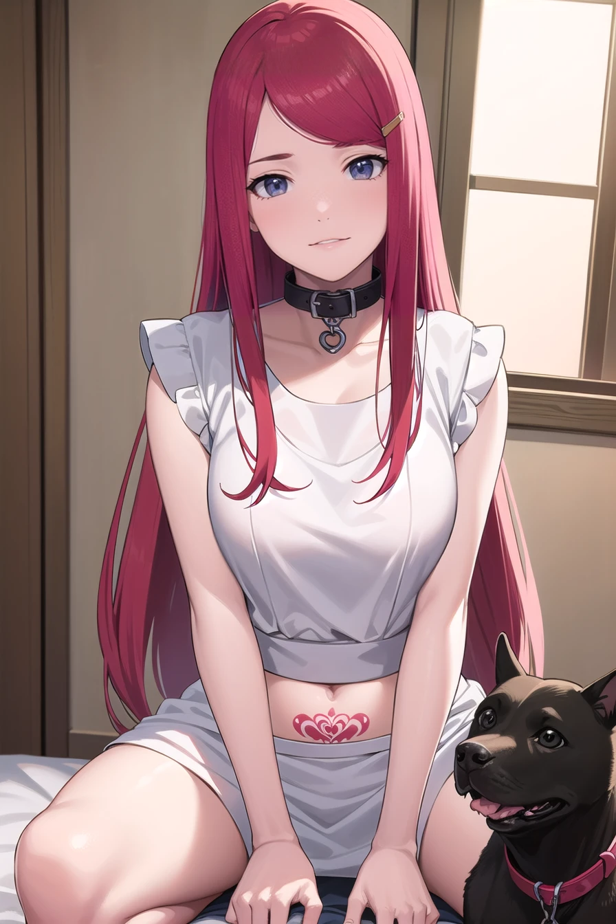 Uzumaki kushina, kushina, long hair, hair ornament, red hair, (swept bangs:1.5), smile,
Wearing a maid uniform, Wearing a dog collar, Naughty tattoo on the belly, makima, girl, childhood