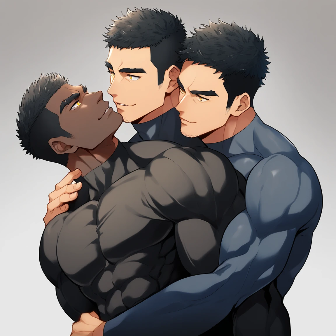 anime characters：Two superheroes in tights, Muscle superhero, negro black skin, They hugged and kissed each other, Bite your neck, Caress, Manliness, male focus, Yellow and black high collar long sleeve tight T-shirt, Slightly transparent material, Very tight, Round, full and perky chest muscles, Muscle waist, Slightly transparent, muscular male, muscular, only, Upper body, alone, Black short hair, Thick eyebrows, stubble, Yellow eyes, Grey background, simple background, amazing quality, best aesthetics, Ridiculous, bright pupils, crew cut, parted lips, seductive smile, torogao, naughty face, drop shadow, best quality