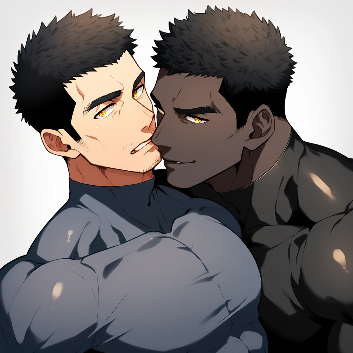 anime characters:Two superheroes in tights, Muscle superhero, negro black skin, They hugged and kissed each other, Bite your neck, Caress, Manliness, male focus, Yellow and black high collar long sleeve tight T-shirt, Slightly transparent material, Very tight, Round, full and perky chest muscles, Muscle waist, Slightly transparent, muscular male, muscular, only, Upper body, alone, Black short hair, Thick eyebrows, stubble, Yellow eyes, Grey background, simple background, amazing quality, best aesthetics, Ridiculous, bright pupils, crew cut, parted lips, seductive smile, torogao, naughty face, drop shadow, best quality