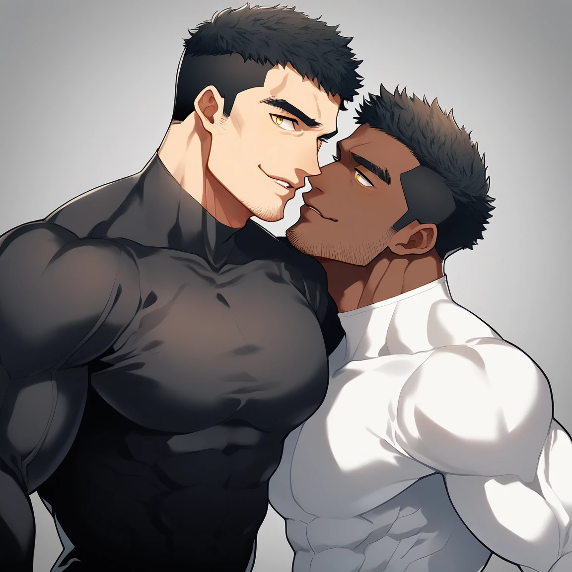 anime characters：Two superheroes in tights, Muscle superhero, negro black skin, They hugged and kissed each other, Bite your neck, Caress, Manliness, male focus, Yellow and black high collar long sleeve tight T-shirt, Slightly transparent material, Very tight, Round, full and perky chest muscles, Muscle waist, Slightly transparent, muscular male, muscular, only, Upper body, alone, Black short hair, Thick eyebrows, stubble, Yellow eyes, Grey background, simple background, amazing quality, best aesthetics, Ridiculous, bright pupils, crew cut, parted lips, seductive smile, torogao, naughty face, drop shadow, best quality