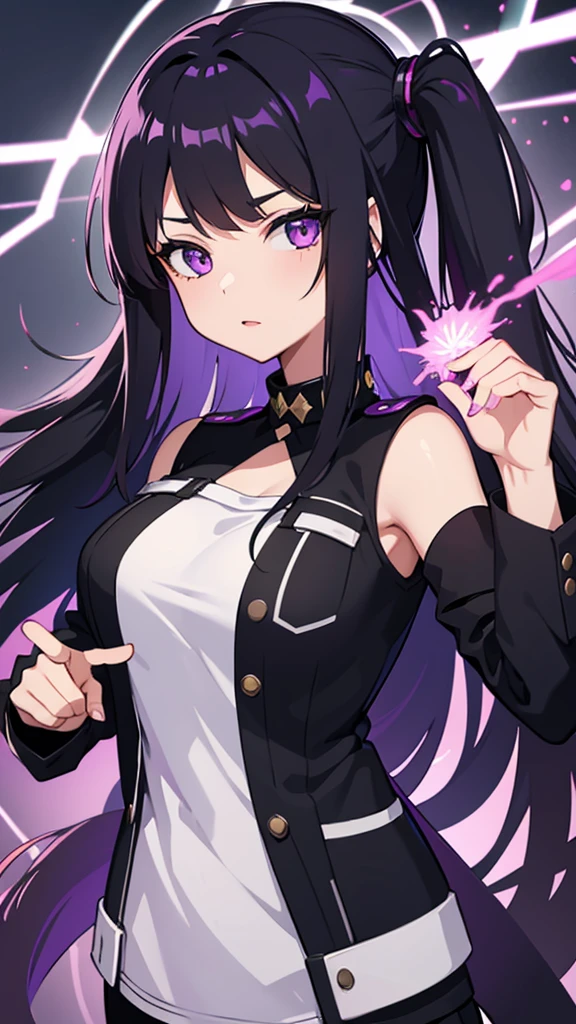 girl with long black wavy hair and purple eyes with Boku No Hero Academia manipulation powers