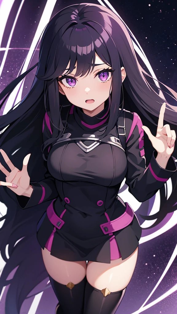girl with long black wavy hair and purple eyes with Boku No Hero Academia manipulation powers