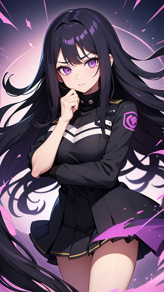 16 year old girl with long black wavy hair and purple eyes with Boku No Hero Academia manipulation powers 